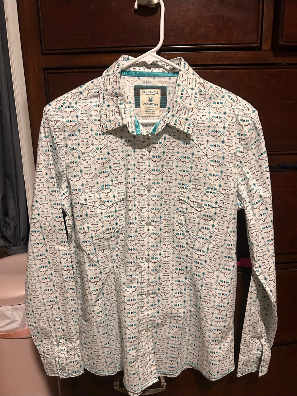 Panhandle Slim White Button-Down Shirt with Teal Print